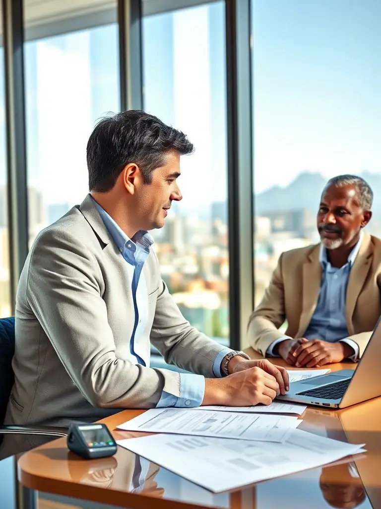 A professional financial advisor discussing wealth management options with a South African client in an office setting, illustrating Wealth Management.