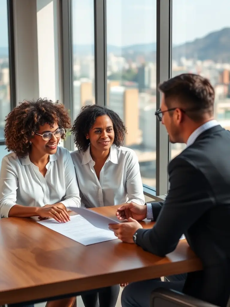 A couple reviewing financial documents with a consultant in a modern South African office, symbolizing Financial Planning.