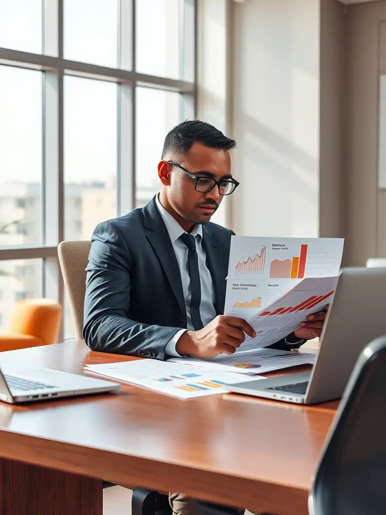 A professional South African financial advisor reviewing investment portfolios in a modern office setting, emphasizing strategic financial planning.