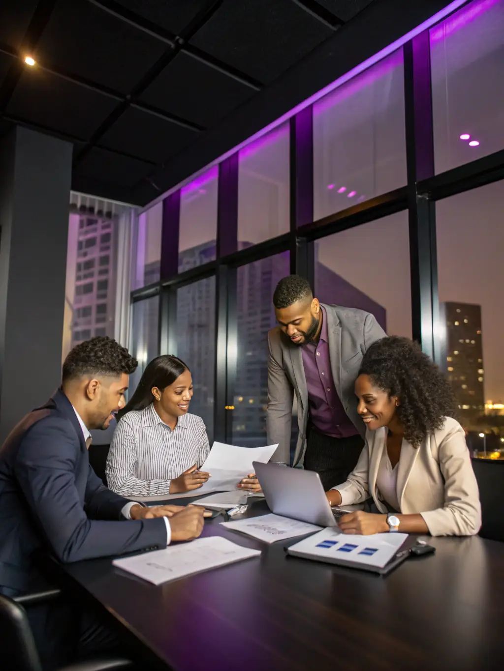 A diverse group of South African professionals collaborating on financial strategies in a modern office environment, representing collaborative financial solutions.