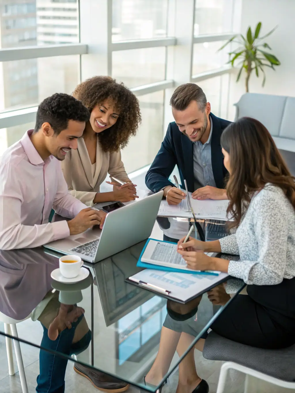 A diverse group of South African professionals collaborating on financial strategies, showcasing the collaborative approach to financial consulting.
