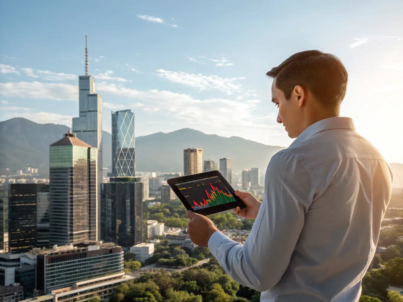 An image of a financial advisor analyzing market data on a digital tablet with a South African cityscape in the background, representing strategic investment planning.