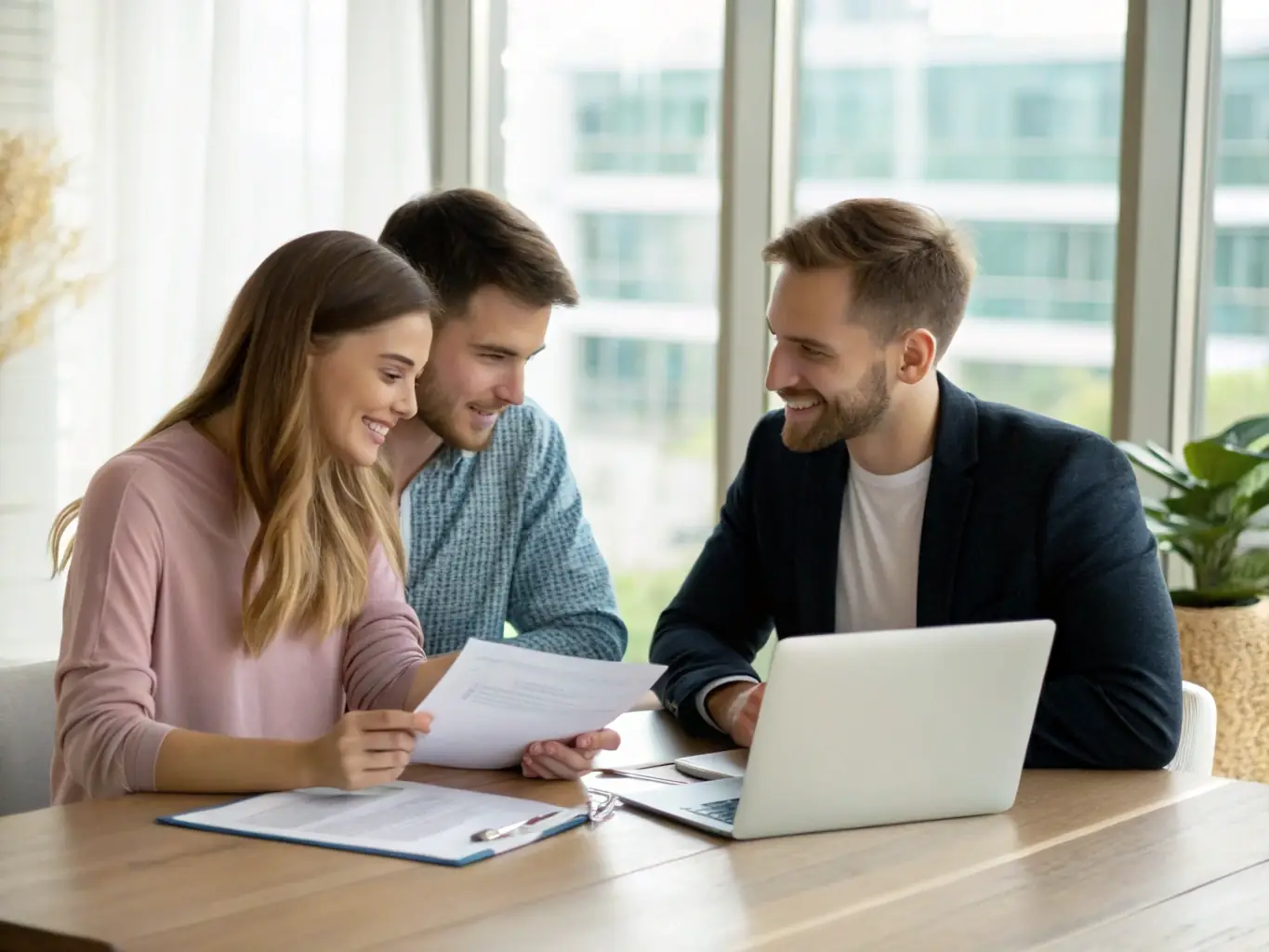 A couple reviewing financial documents with a consultant in a modern South African office, illustrating the process of financial planning.