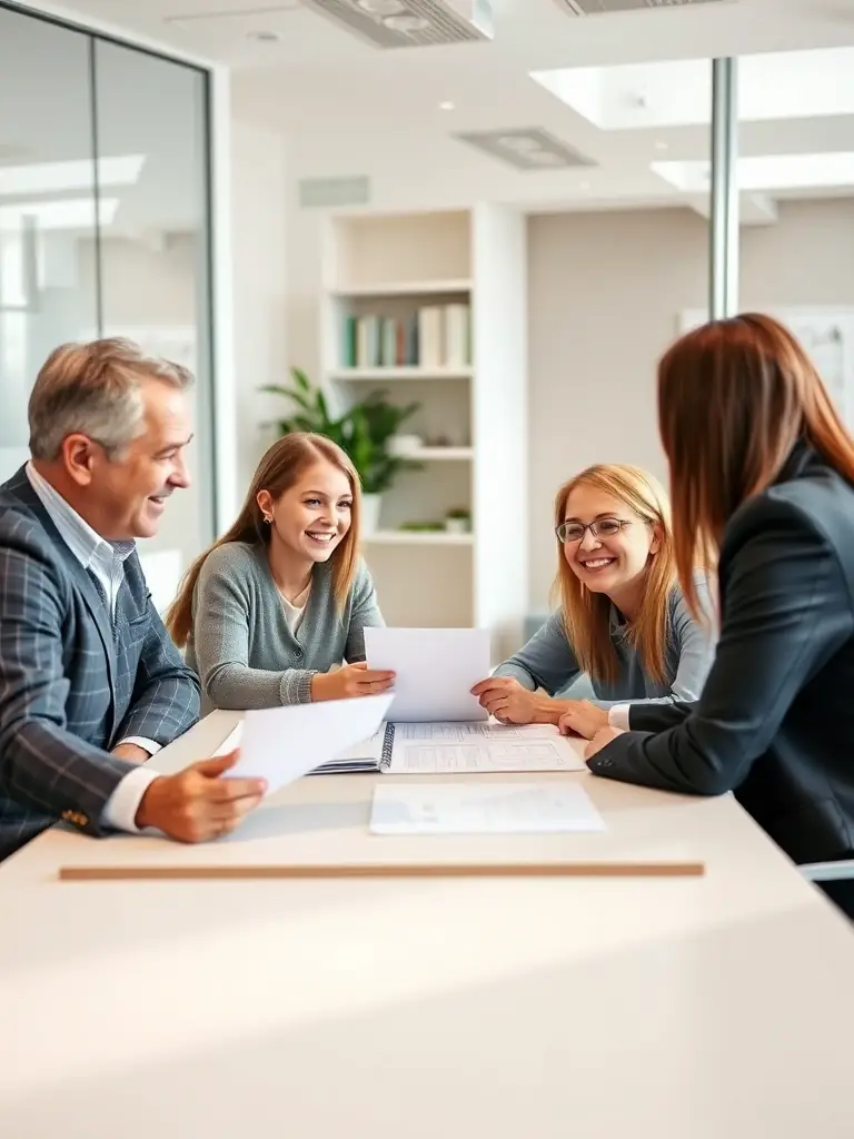 A family discussing financial plans with a consultant in a comfortable setting, highlighting the importance of financial planning for future security.